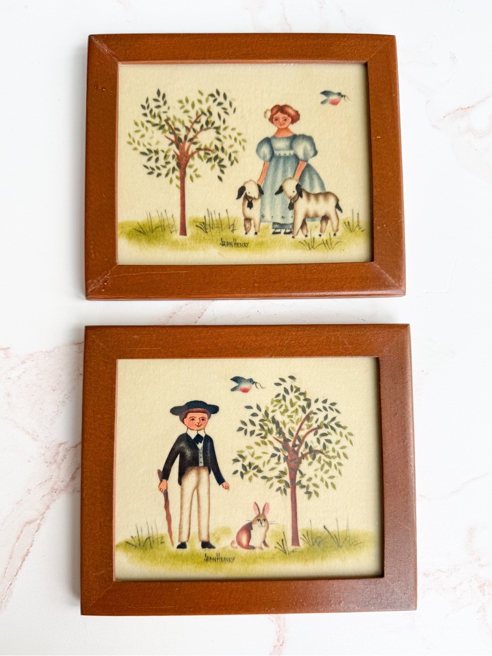 PAIR of Jean Henry Folk Art Theorem Paintings – Signed Framed Americana Wall Art